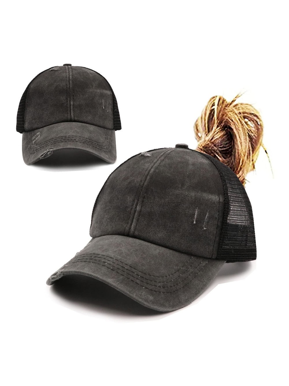 Womens High Ponytail Messy Bun Baseball Caps Distressed | Black | Size OS